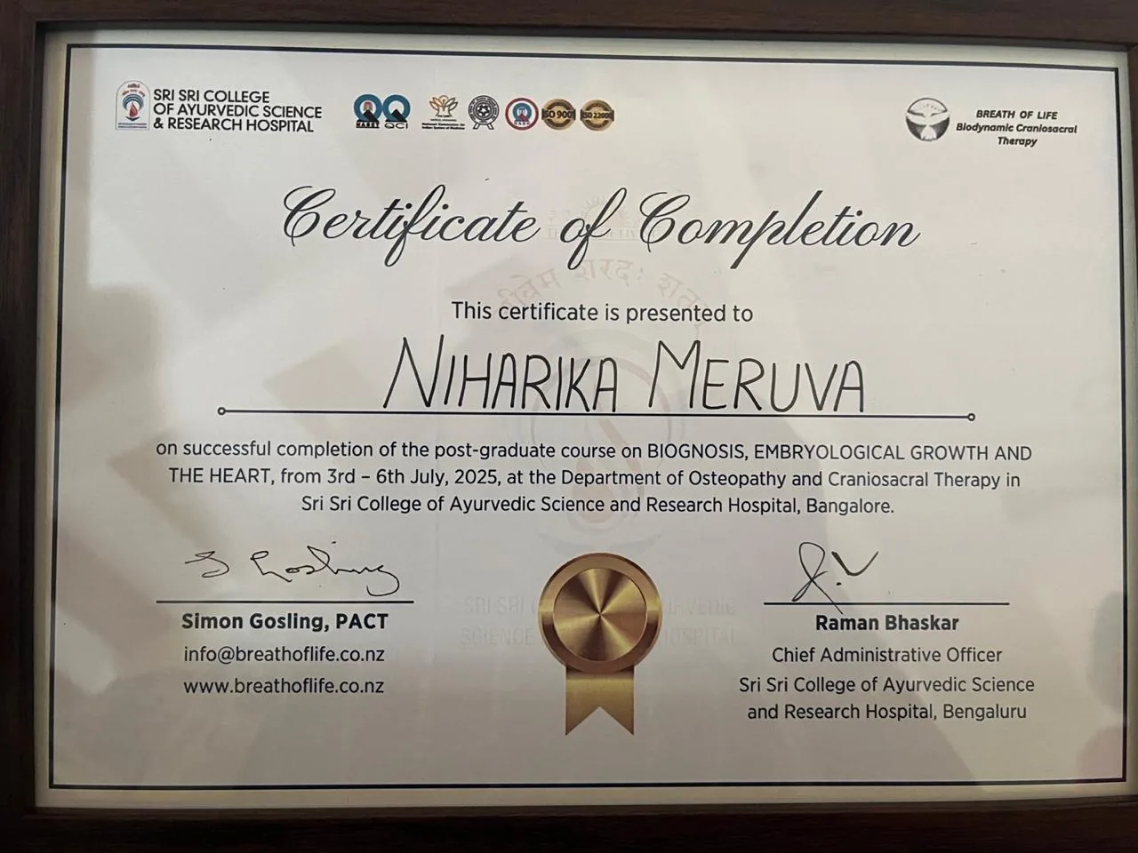 Certificate of completion for the post-graduate course Biognosis, Embryological Growth and the Heart