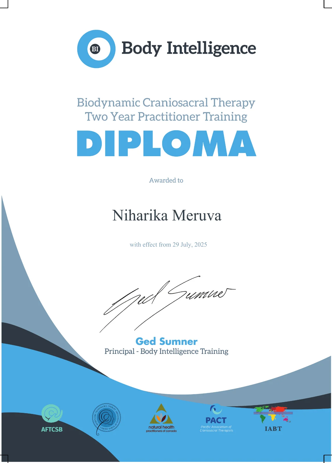 Body Intelligence diploma in Biodynamic Craniosacral Therapy, two-year practitioner training