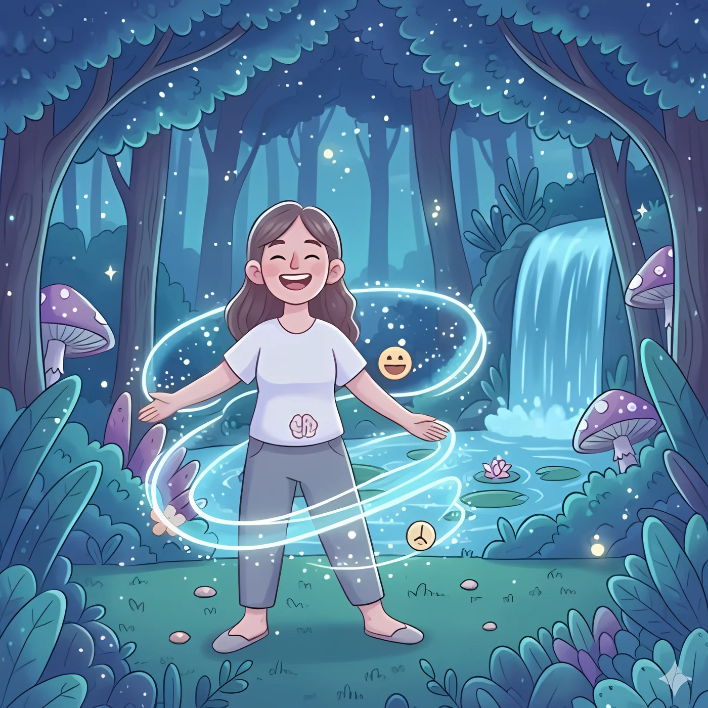 Illustration: a joyful woman stands in a glowing night forest by a waterfall, ribbons of light around her