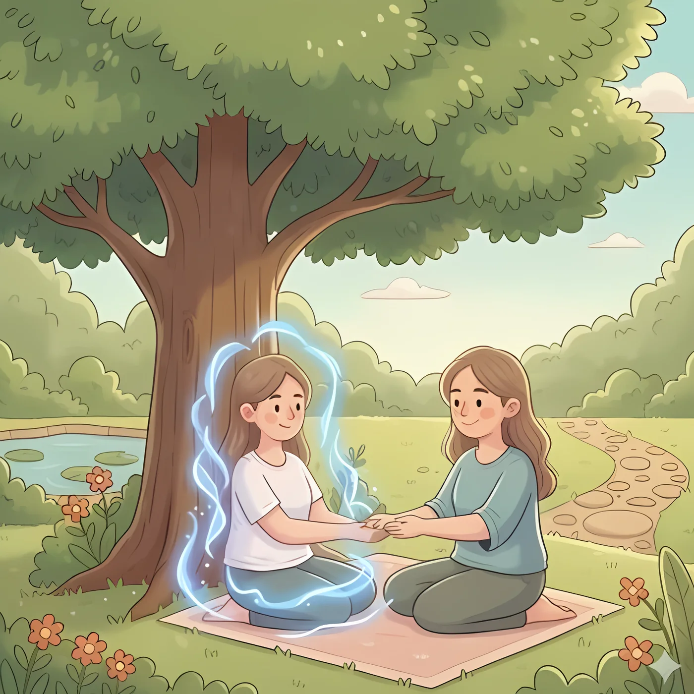 Illustration: two women sit beneath a large tree holding hands, one surrounded by a soft blue glow