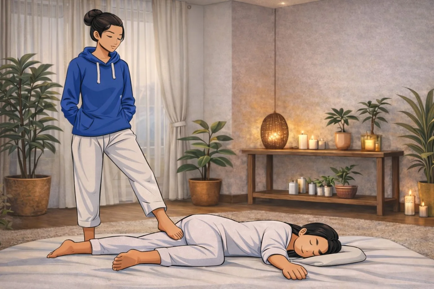 Illustration: a practitioner gently applies foot pressure to the legs of a client resting on a mat in a calm, candle-lit room