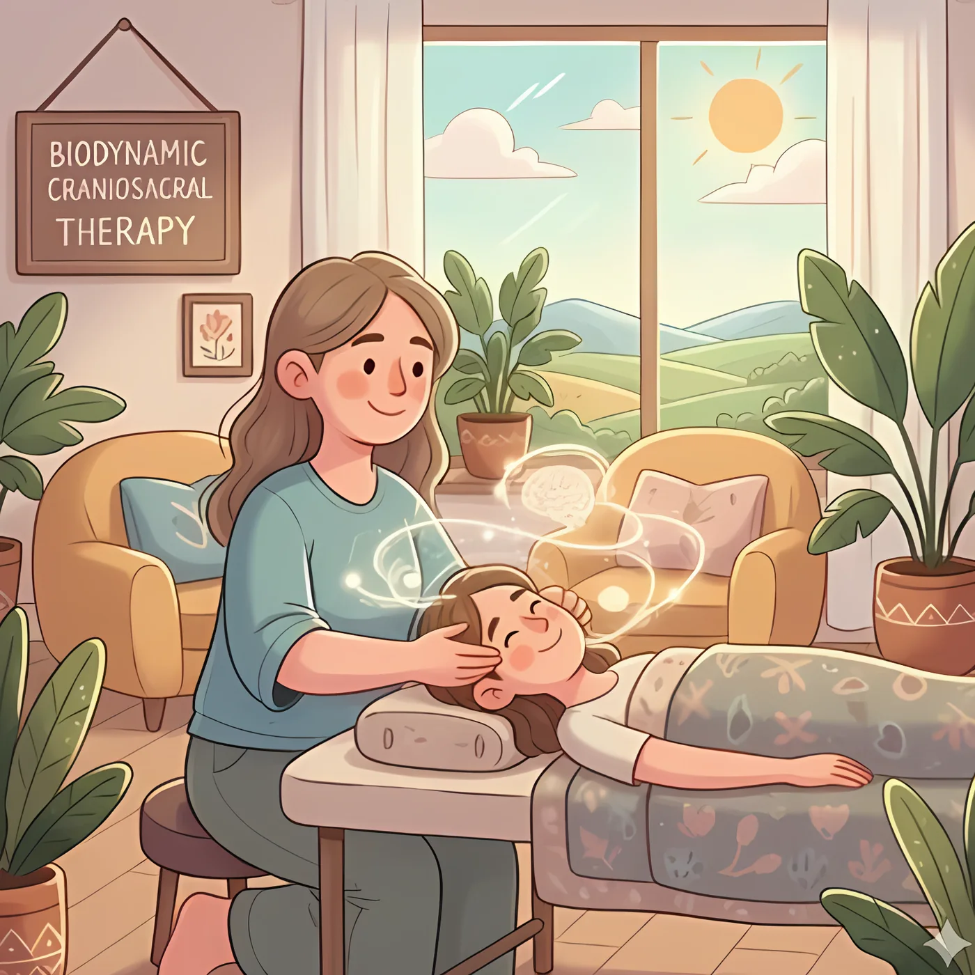 Illustration: a therapist gently cradles a client's head during a calm craniosacral session in a sunny room