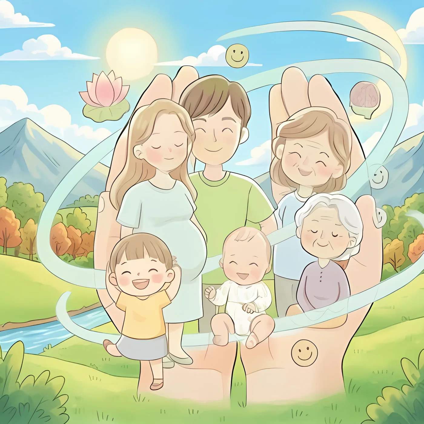 Illustration: a multi-generational family, from a newborn to a grandmother, held in a pair of open hands